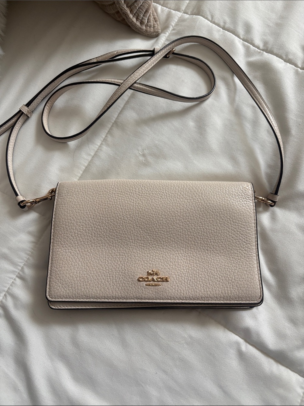 Coach Pebbled Leather Crossbody in Light Beige with Gold Logo